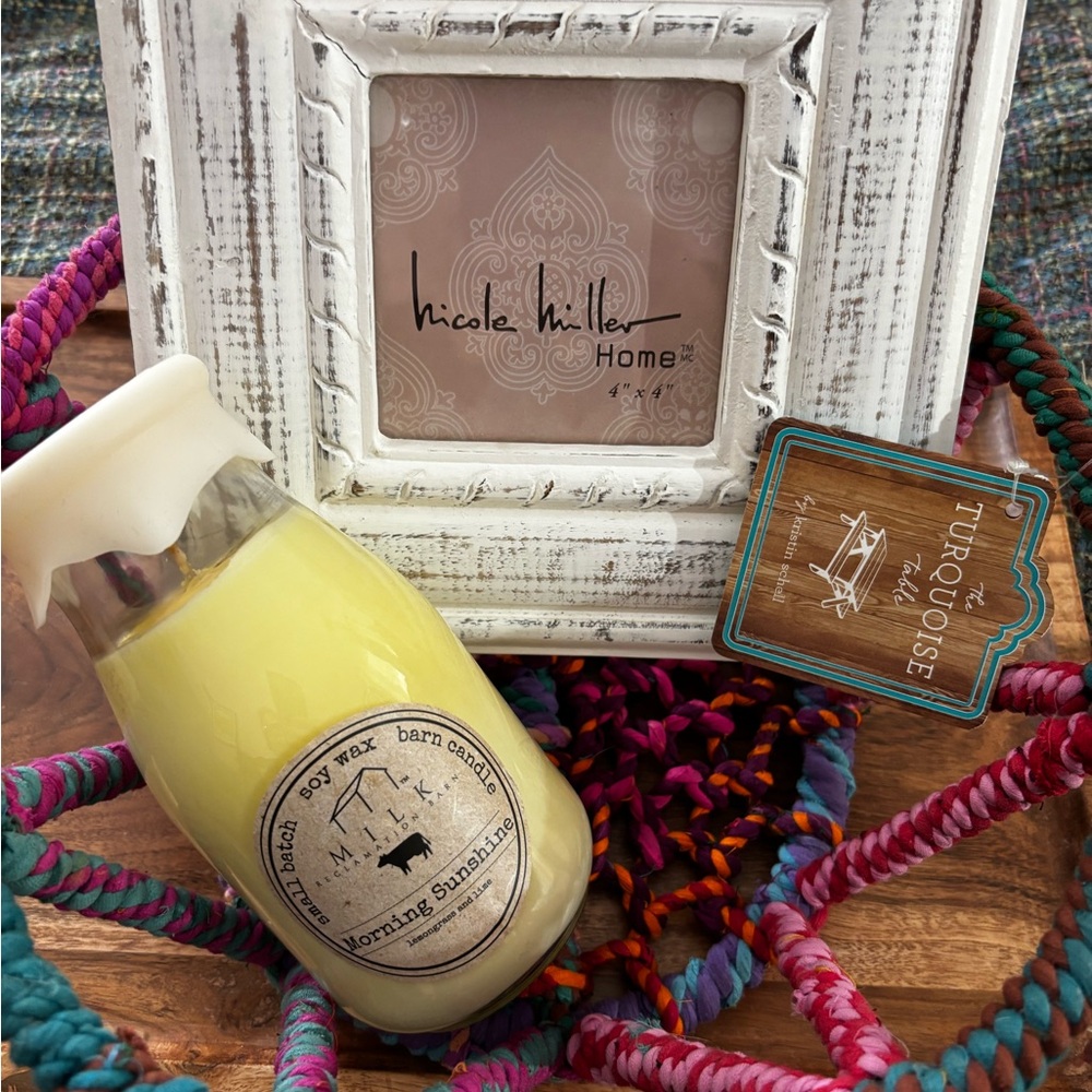 Boho Artisan Gift Basket Morning Sunshine Soy Wax Candle & Frame Housewarming